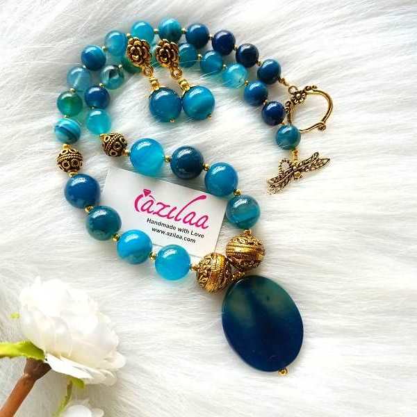 Custom Order Inches Blue Gemstone Beaded Handmade Necklace Set At