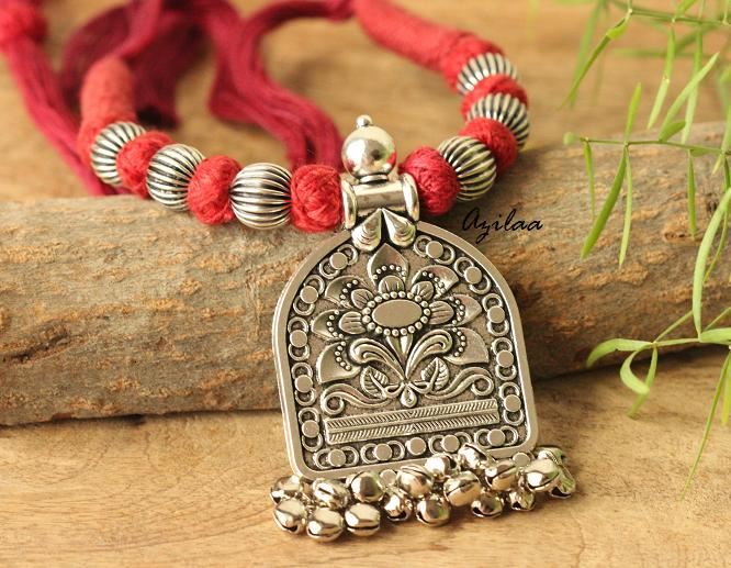 Red Ethnic oxidized silver plated thread handmade necklace set at ?1450