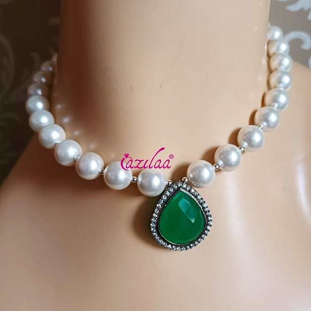 Women's Gold PlatedGreen CZ Crystal with Pearl Choker Necklace Set - i  jewels