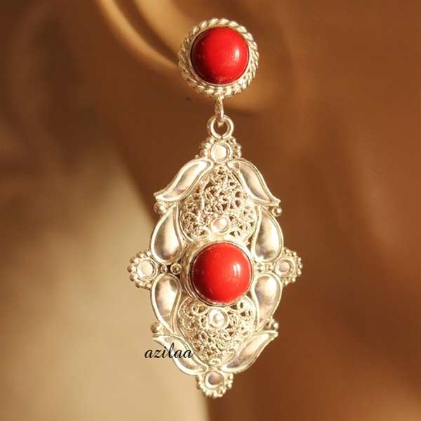 Artisan Red coral gemstone silver handmade earrings at ₹14400 | Azilaa