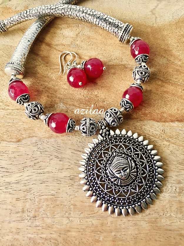 Maa Durga gemstone handmade maroon necklace set at ₹2950 | Azilaa