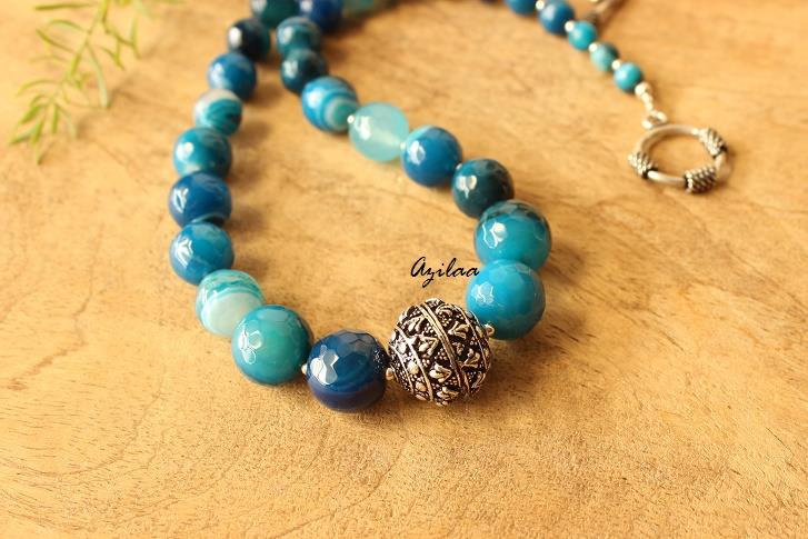 22 Inch Blue Gemstone Necklace Sparked with Tibetan Silver Beads, orders Agate Pendant Necklace