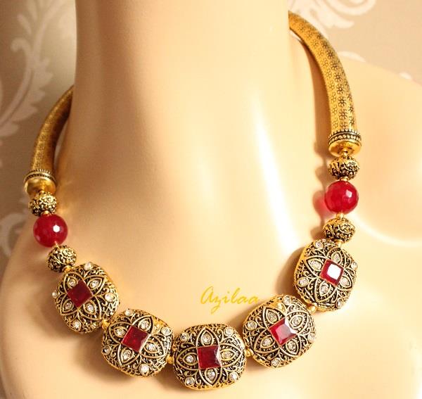 Designer maroon necklace earrings, Antique gold necklace at ₹3950 | Azilaa